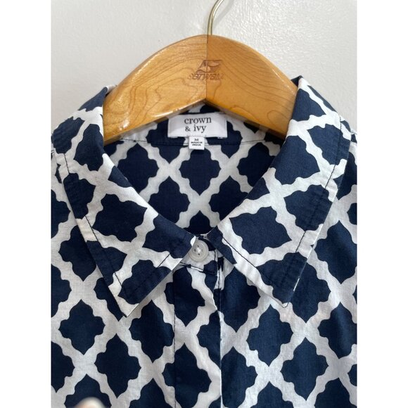 Crown & Ivy Sleeveless Button Up Shirt Womens M Navy Print 100% Cotton - Picture 3 of 6